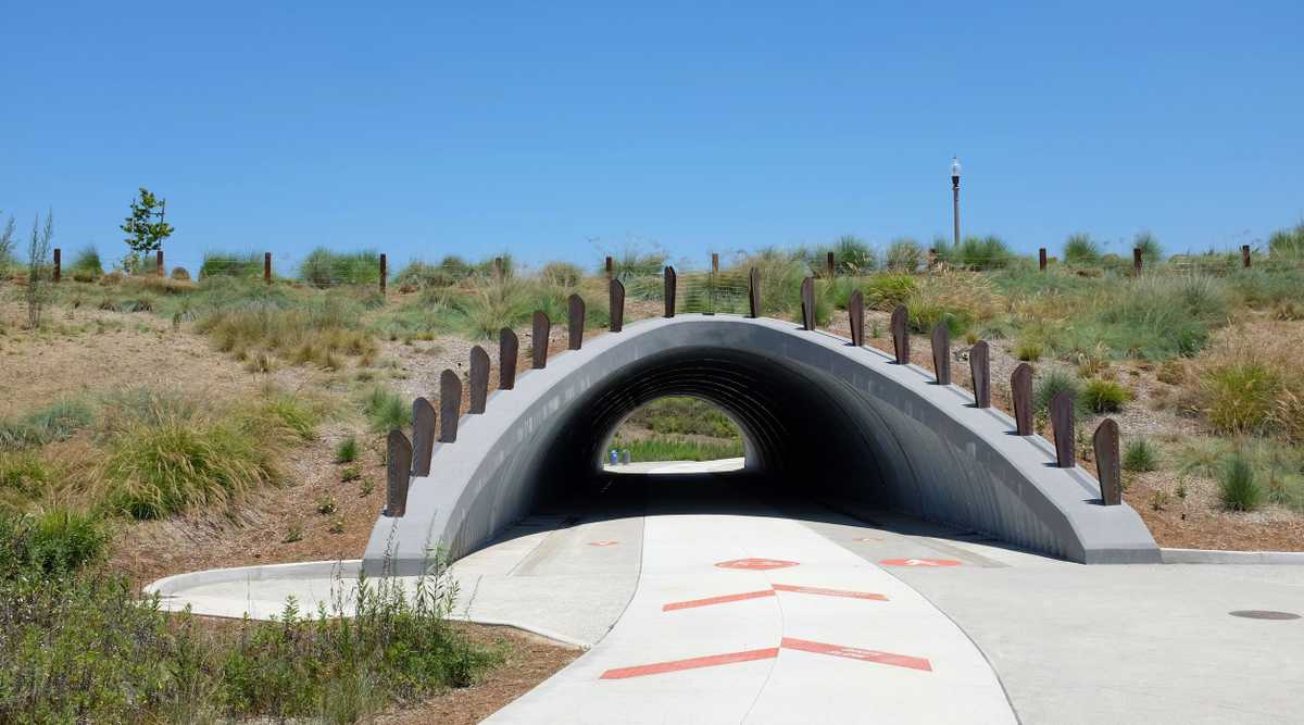 IRIVNE, CALIFORNIA - JULY 11, 2019: Benchmark Underpass in the Bosque Area of the Great Park open space trail system.