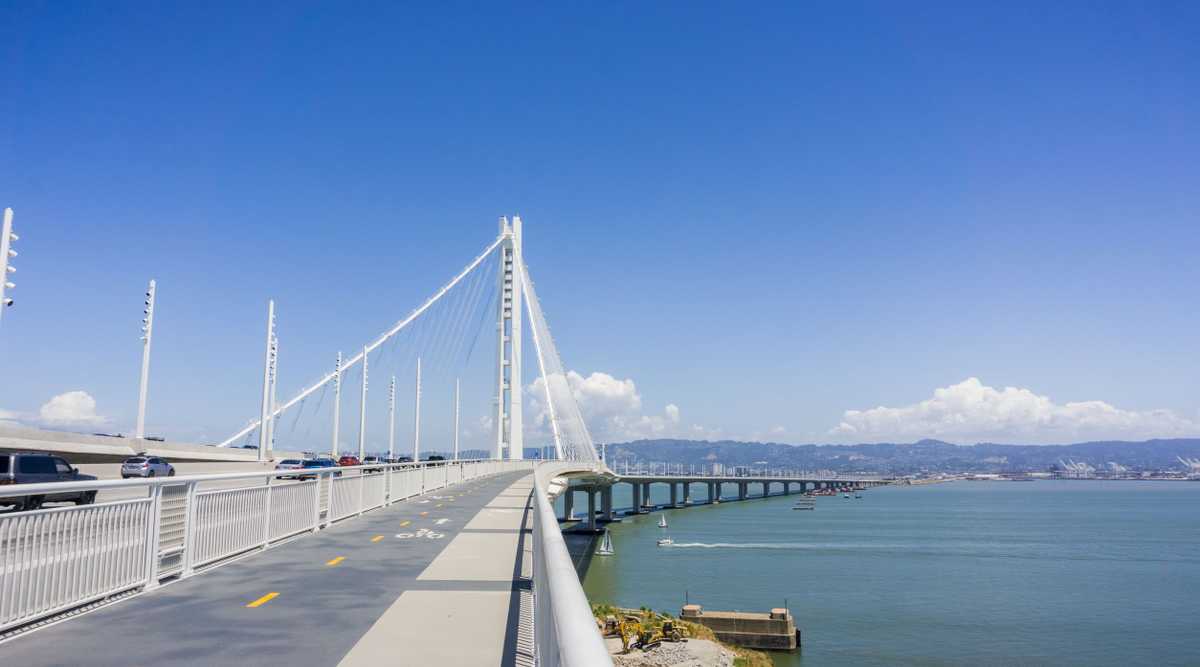 Walking on the new bay bridge trail going from Oakland to Yerba Buena Island, San Francisco bay, California